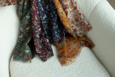 Burgundy printed scarf muslin wool and silk