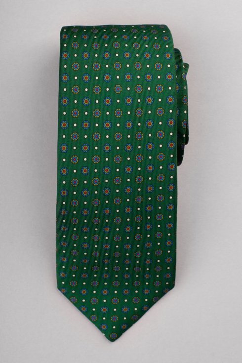 Green printed six fold silk tie