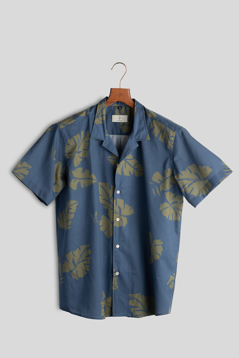 Leaf Print Blue Hawaiian Shirt