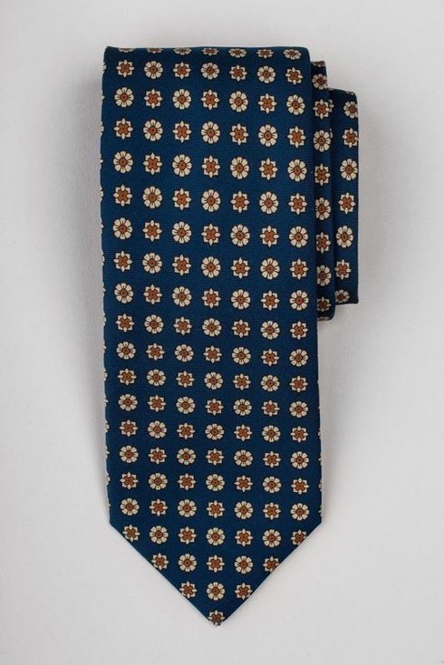 Navy blue printed six fold silk tie