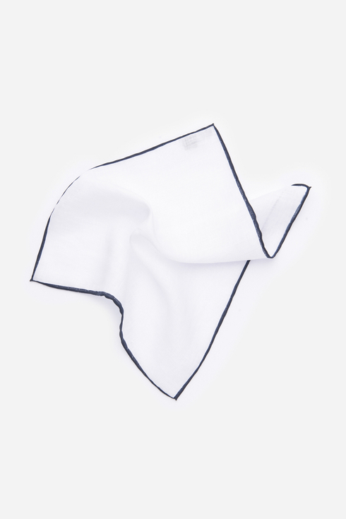 White linen pocket square with the navy border