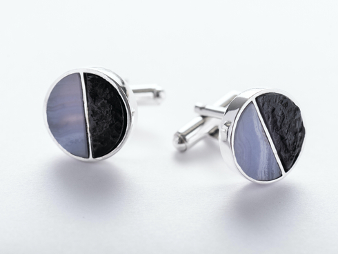 silver cufflinks with coal chunks and semi - blue crown agage