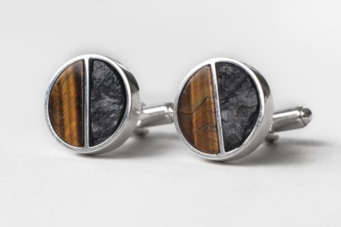 silver cufflinks with coal chunks and tiger eye