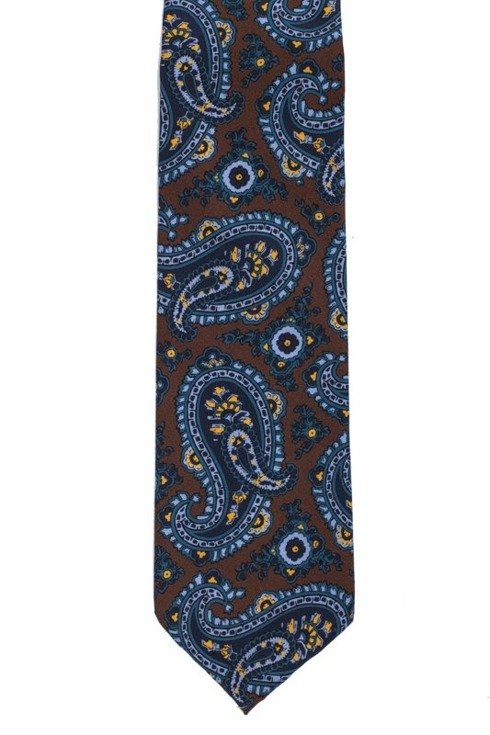Brązowy paisley krawat bez podszewki z wełny drukowanej