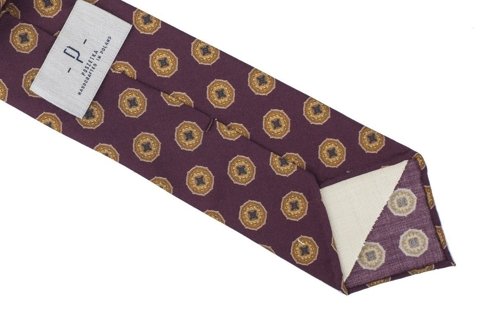 Bordowy krawat w medaliony bez podszewki z wełny drukowanej