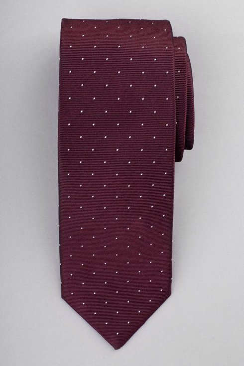 Bordowy krawat z jedwabiu żakardowego polka dots