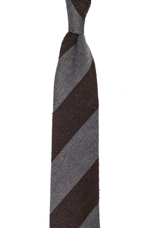 brązowo- szary krawat bez podszewki z grenadyny i szantungu